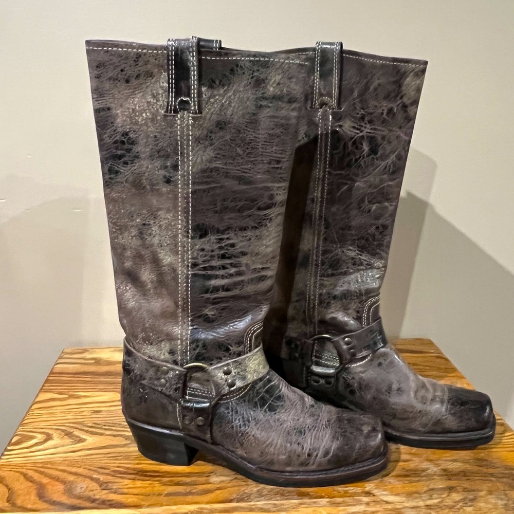 Frye Distressed Broken Leather Harness Ring Boot, Vintage Brown, Sz 8